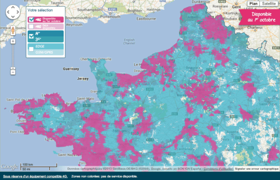 Carte de couverture Bouygues Telecom dans l'ouest (4G en rose, 3G en bleu)