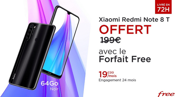 Vente privée Free mobile forfait 100 Go : détails du smartphone Xiaomi Redmi Note 8T 64 Go offert (février 2020)