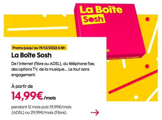 Sosh : "La Boîte Sosh" fibre optique en promotion (novembre / décembre 2022)