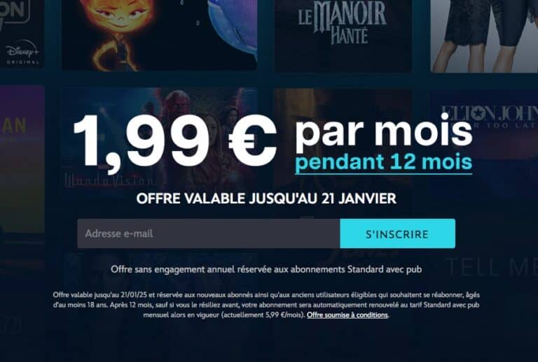 Disney+ : promotion à 1,99 euro par mois pendant 1 an pour la formule "standard avec pub" (janvier 2025)